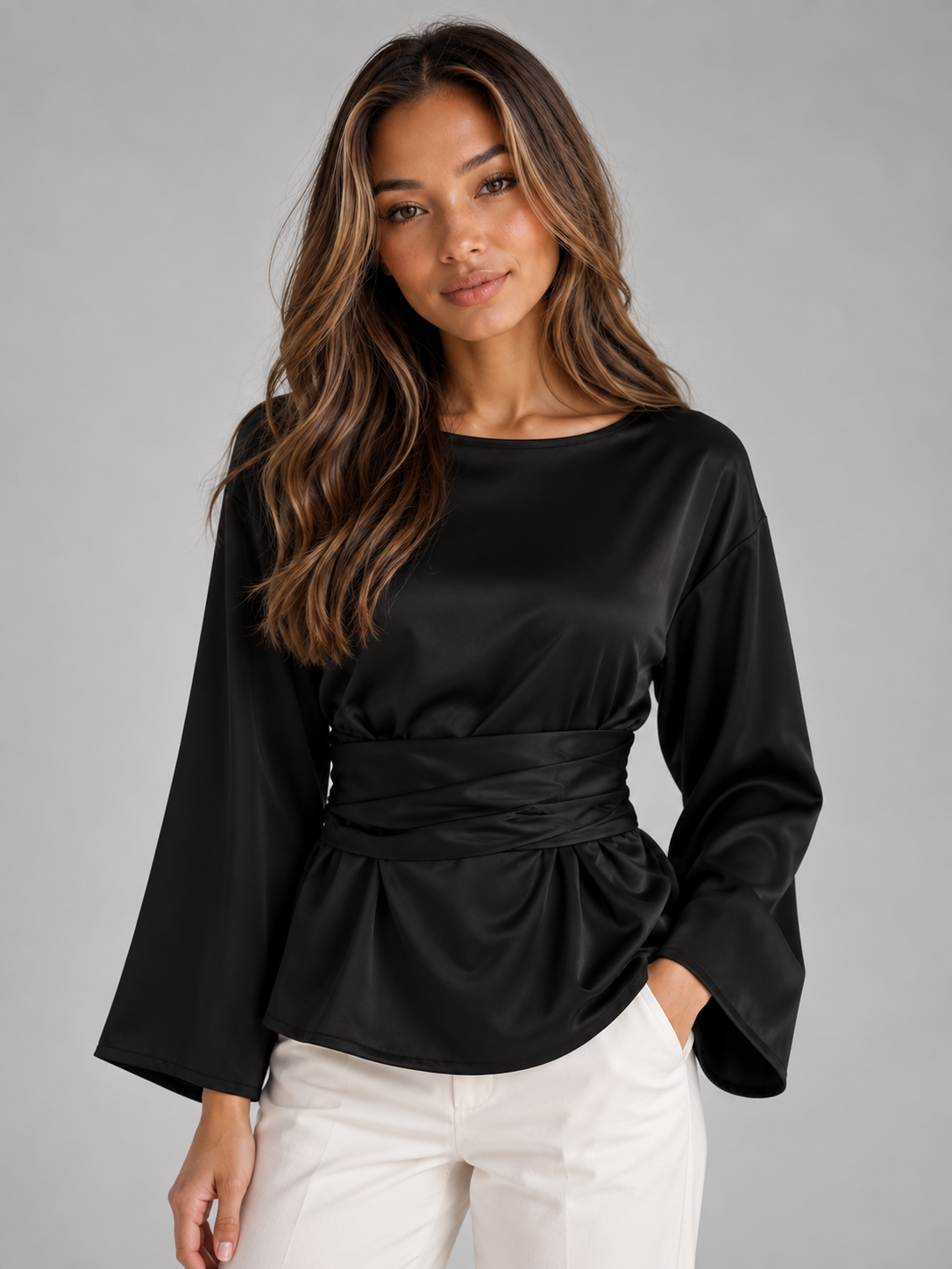 Blusa Donna Effetto Raso con Cintura Maniche Lunghe da Sera