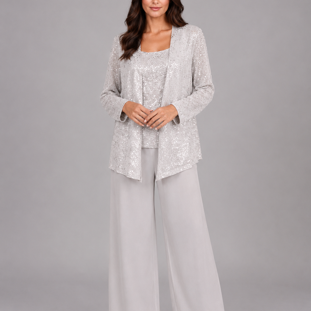 Completo Donna Tre Pezzi con Paillettes Giacca Top e Pantaloni