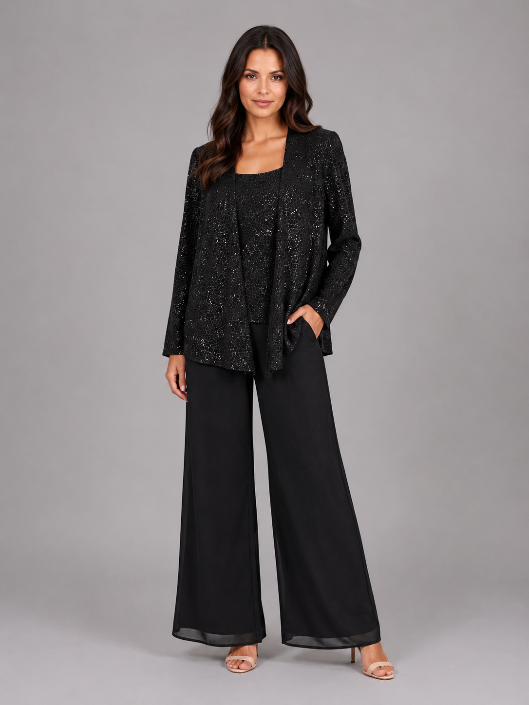 Completo Donna Tre Pezzi con Paillettes Giacca Top e Pantaloni