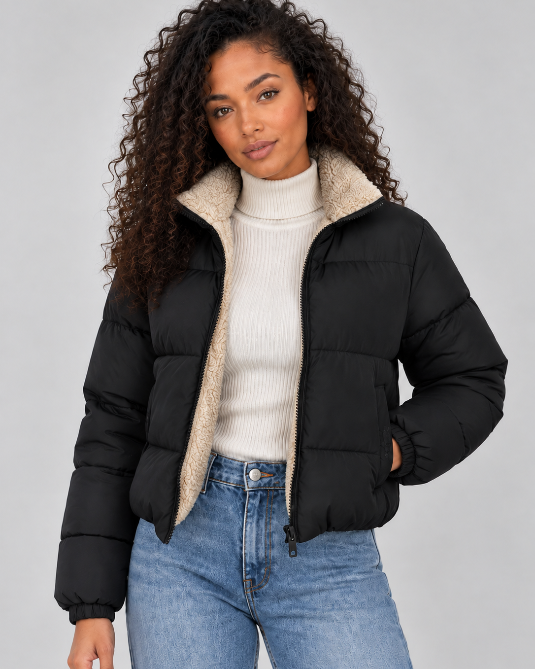 Giacca Donna Imbottita Corta Collo Alto Fodera Sherpa