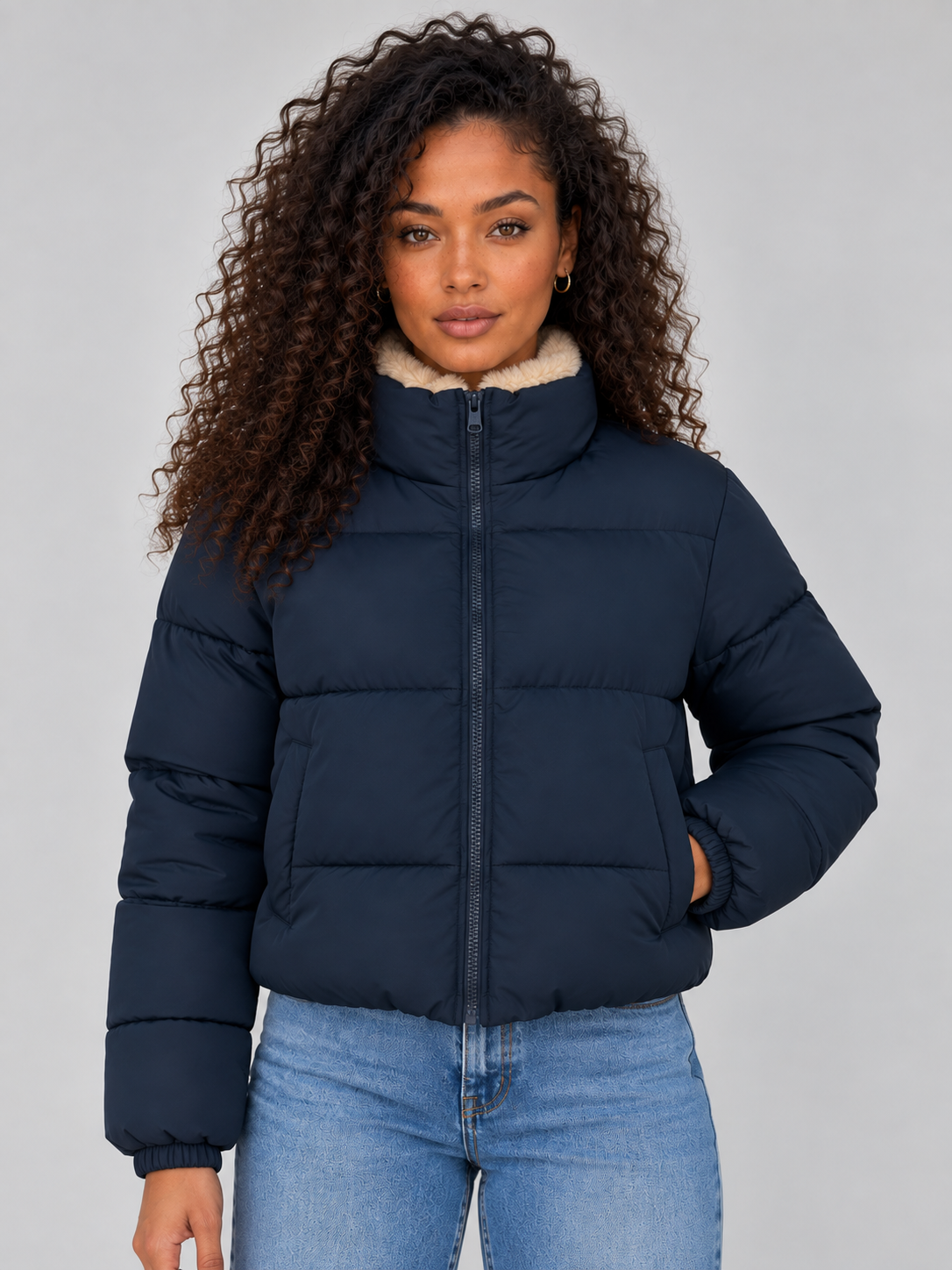 Giacca Donna Imbottita Corta Collo Alto Fodera Sherpa
