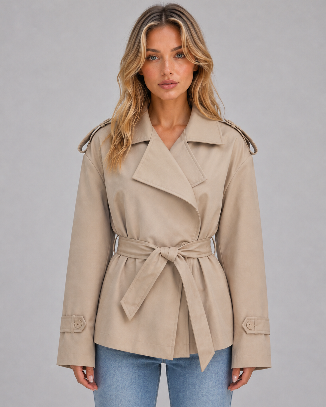 Trench Donna Corto Doppiopetto con Cintura