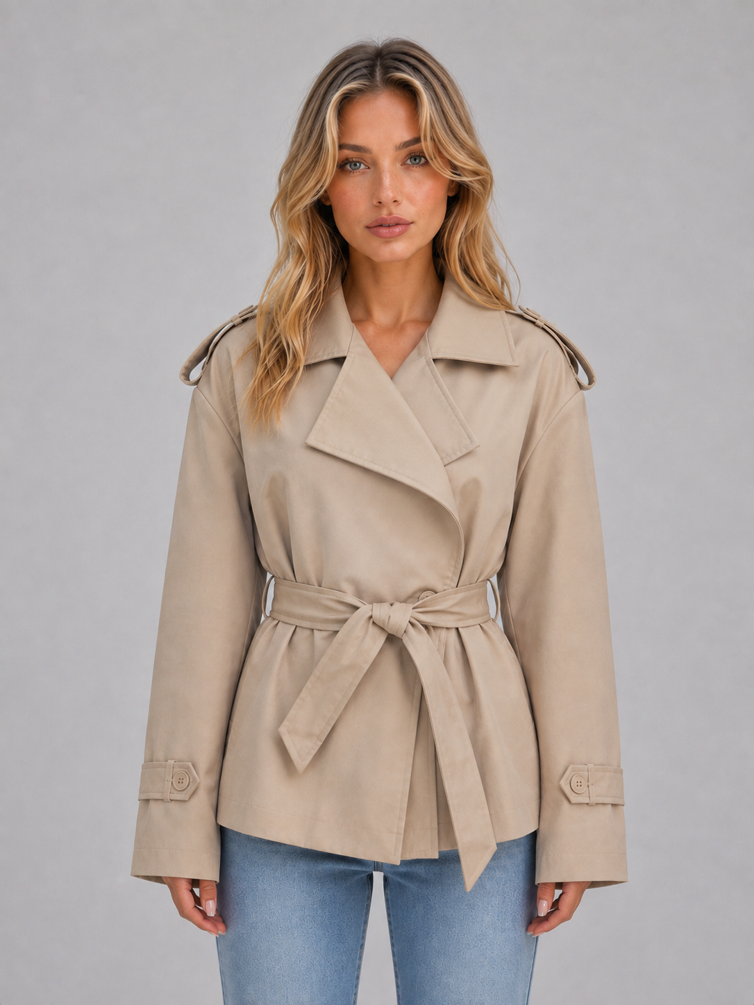 Trench Donna Corto Doppiopetto con Cintura
