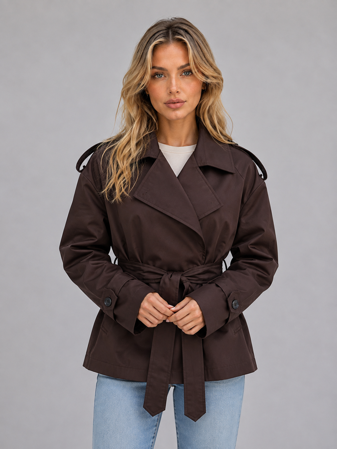 Trench Donna Corto Doppiopetto con Cintura