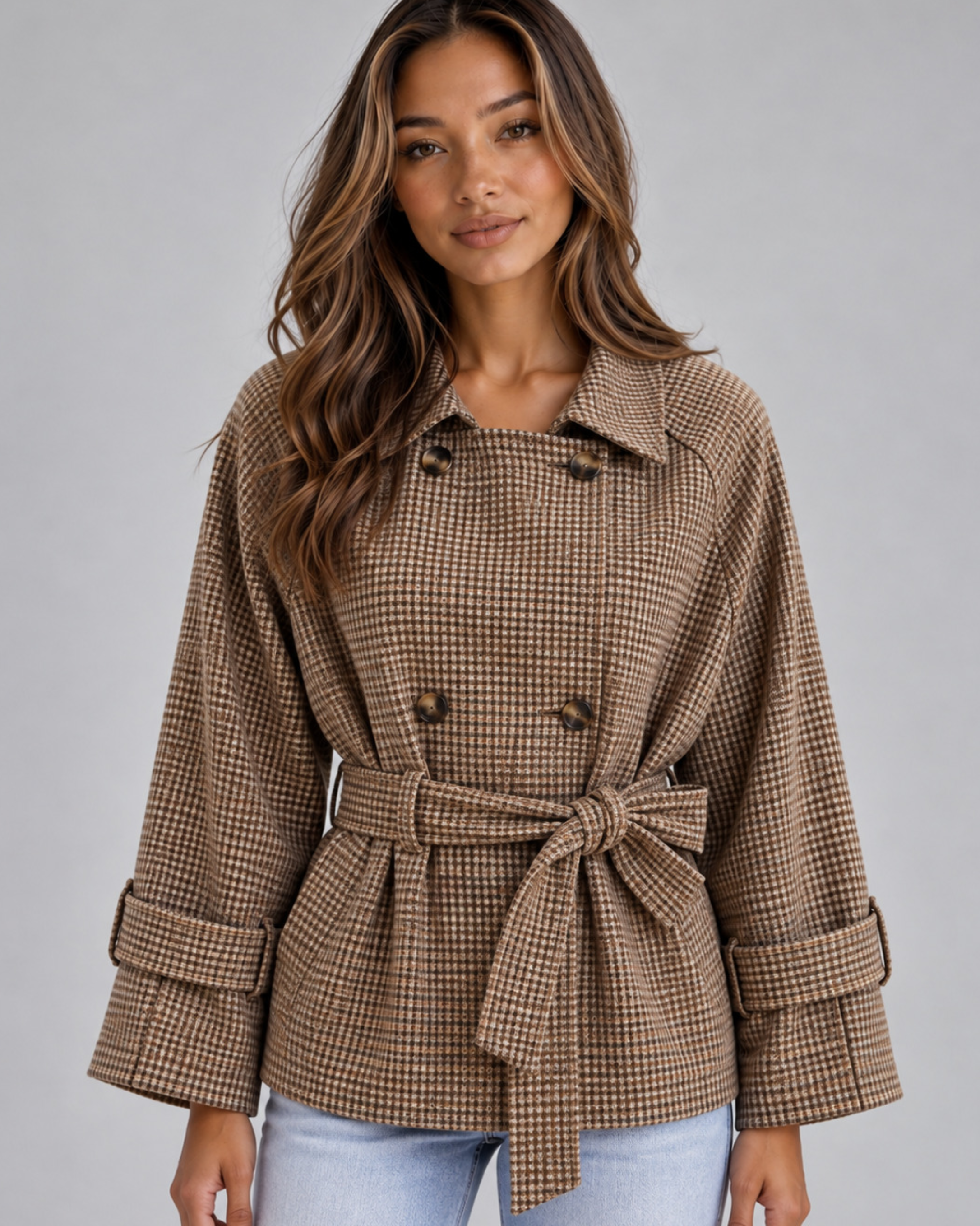 Trench Donna Corto in Cotone a Quadri Doppiopetto