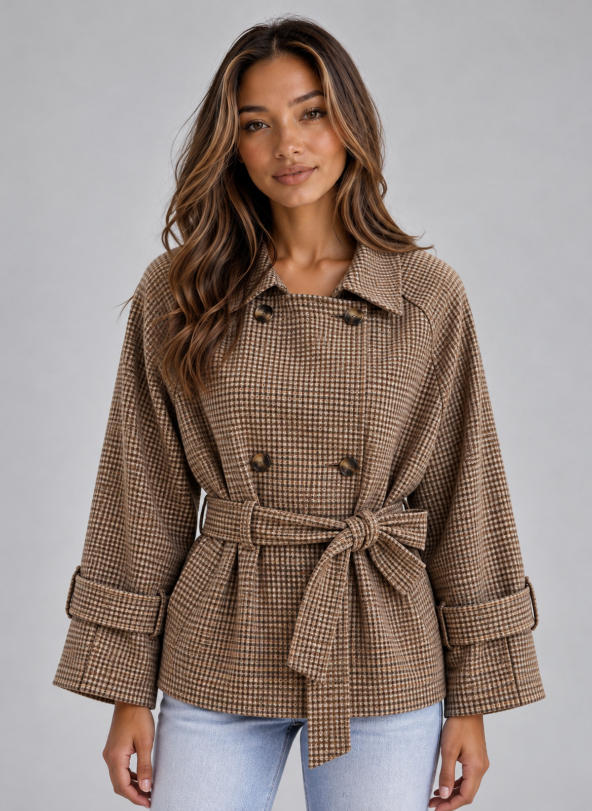Trench Donna Corto in Cotone a Quadri Doppiopetto