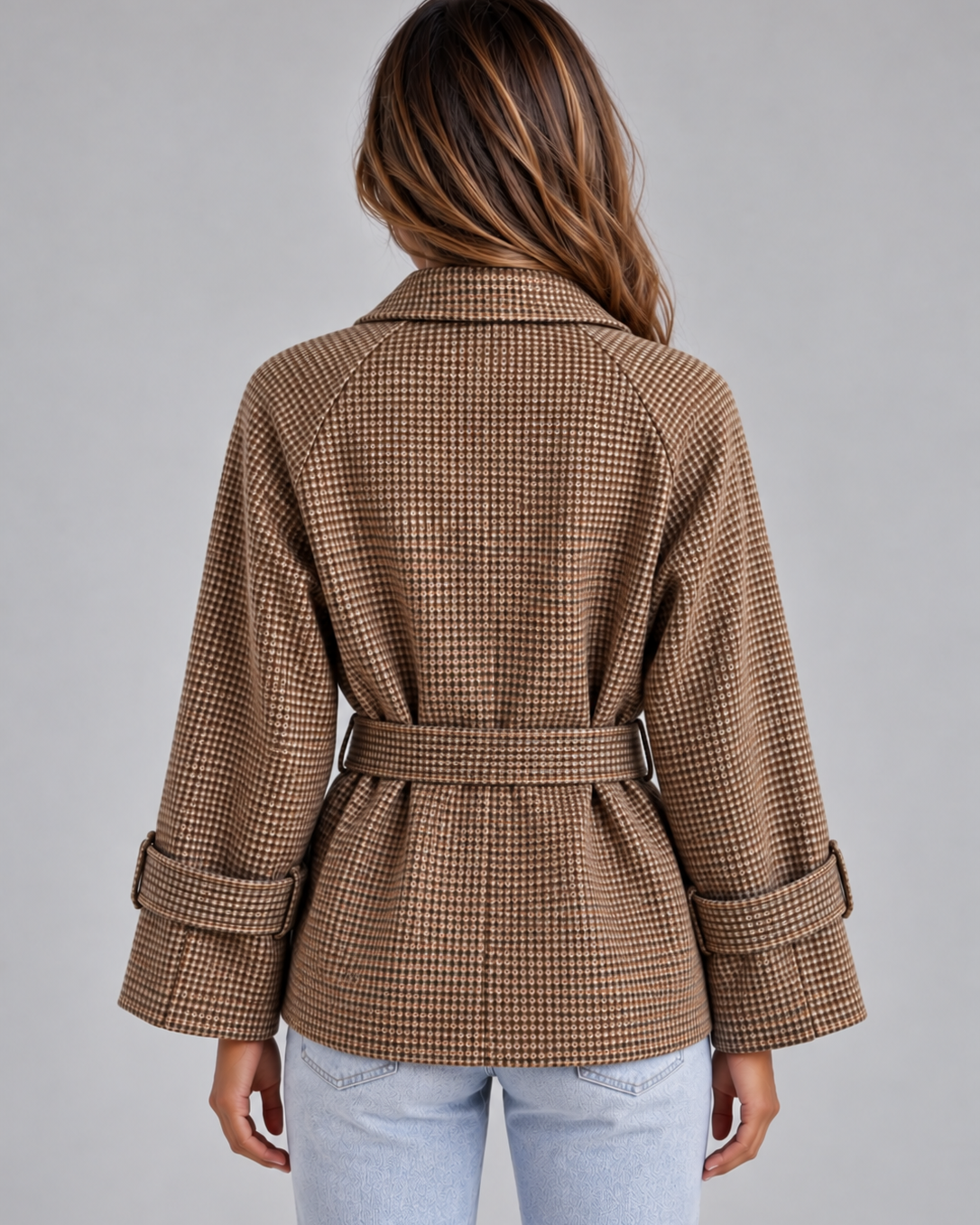Trench Donna Corto in Cotone a Quadri Doppiopetto