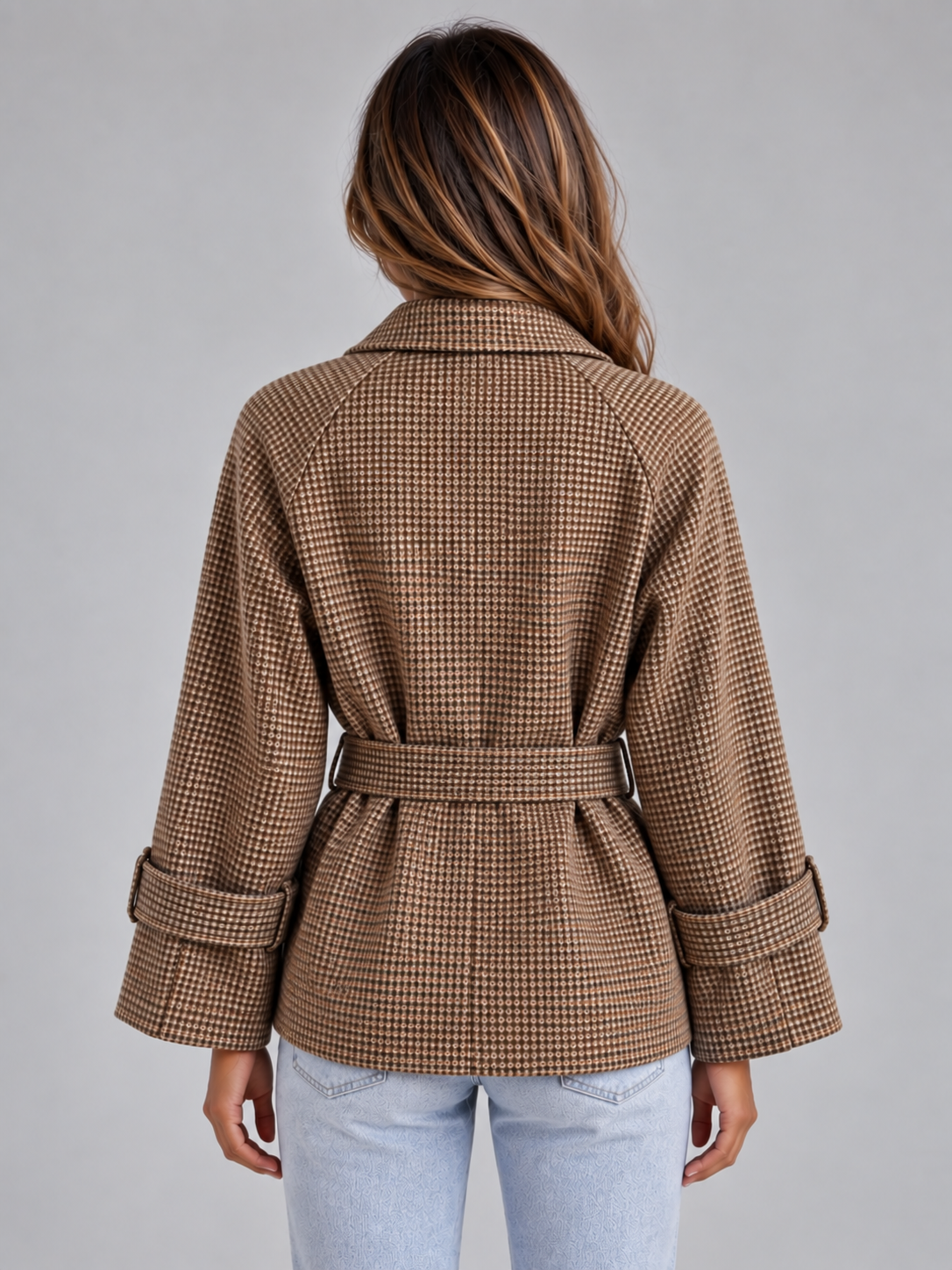 Trench Donna Corto in Cotone a Quadri Doppiopetto