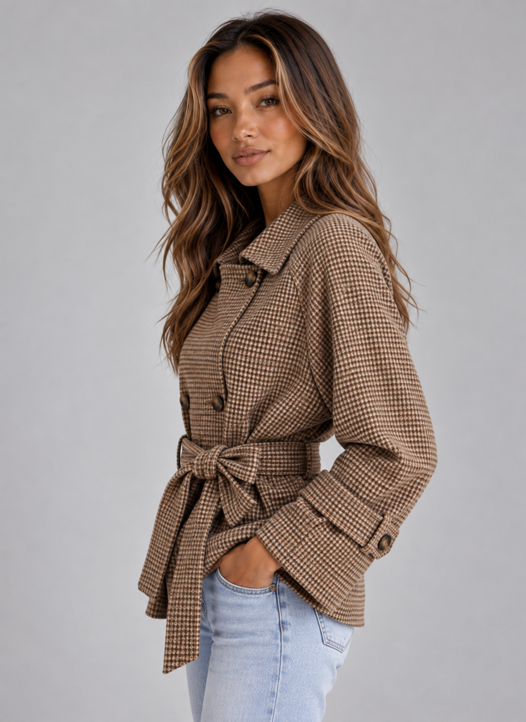 Trench Donna Corto in Cotone a Quadri Doppiopetto