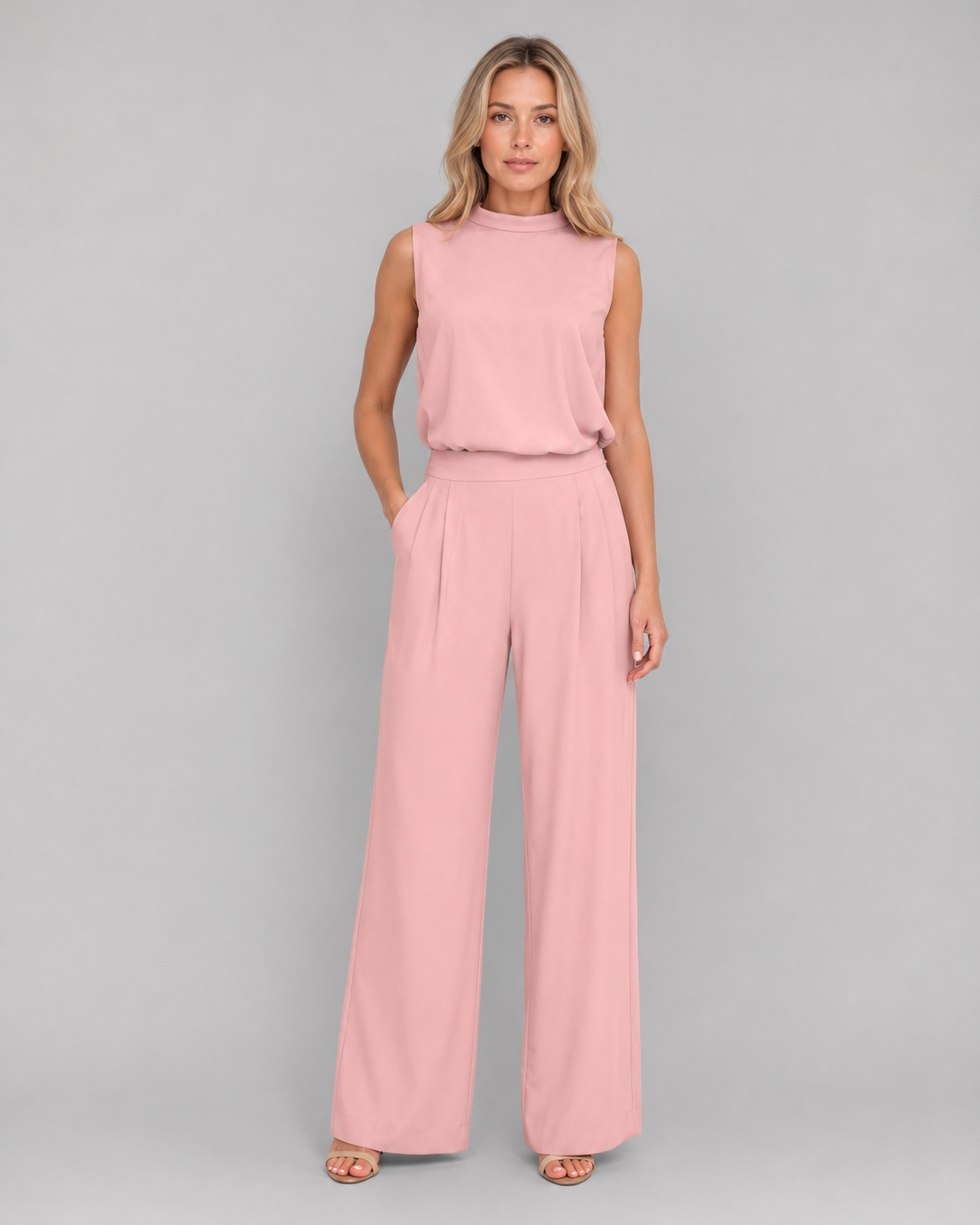 Completo Donna Top Collo Alto Smanicato e Pantaloni Palazzo