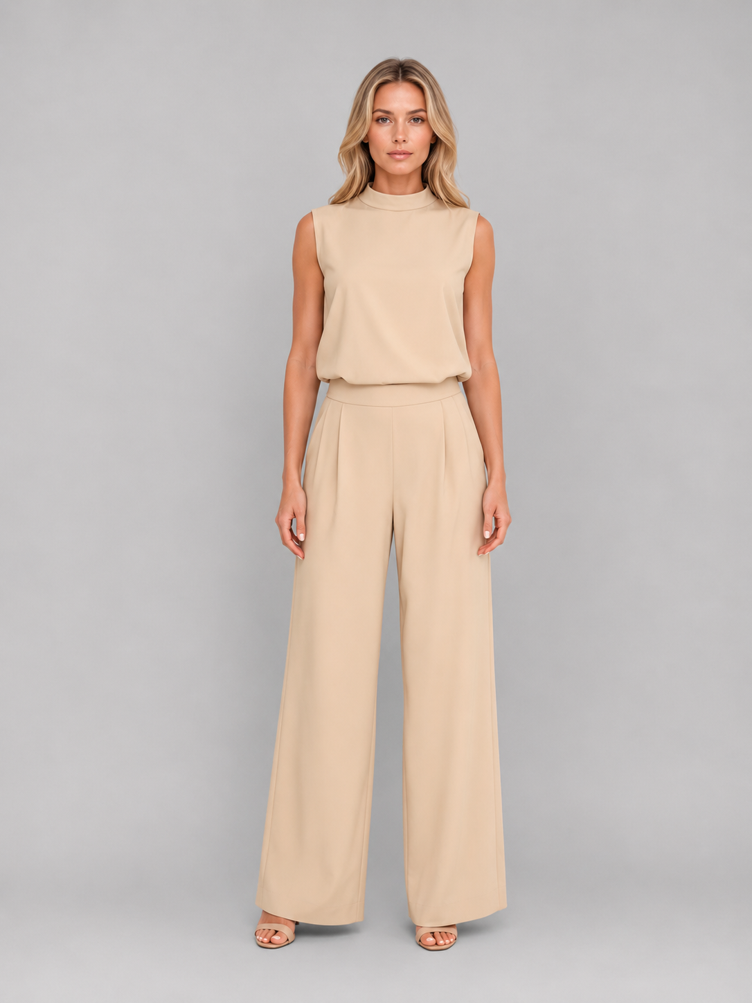 Completo Donna Top Collo Alto Smanicato e Pantaloni Palazzo
