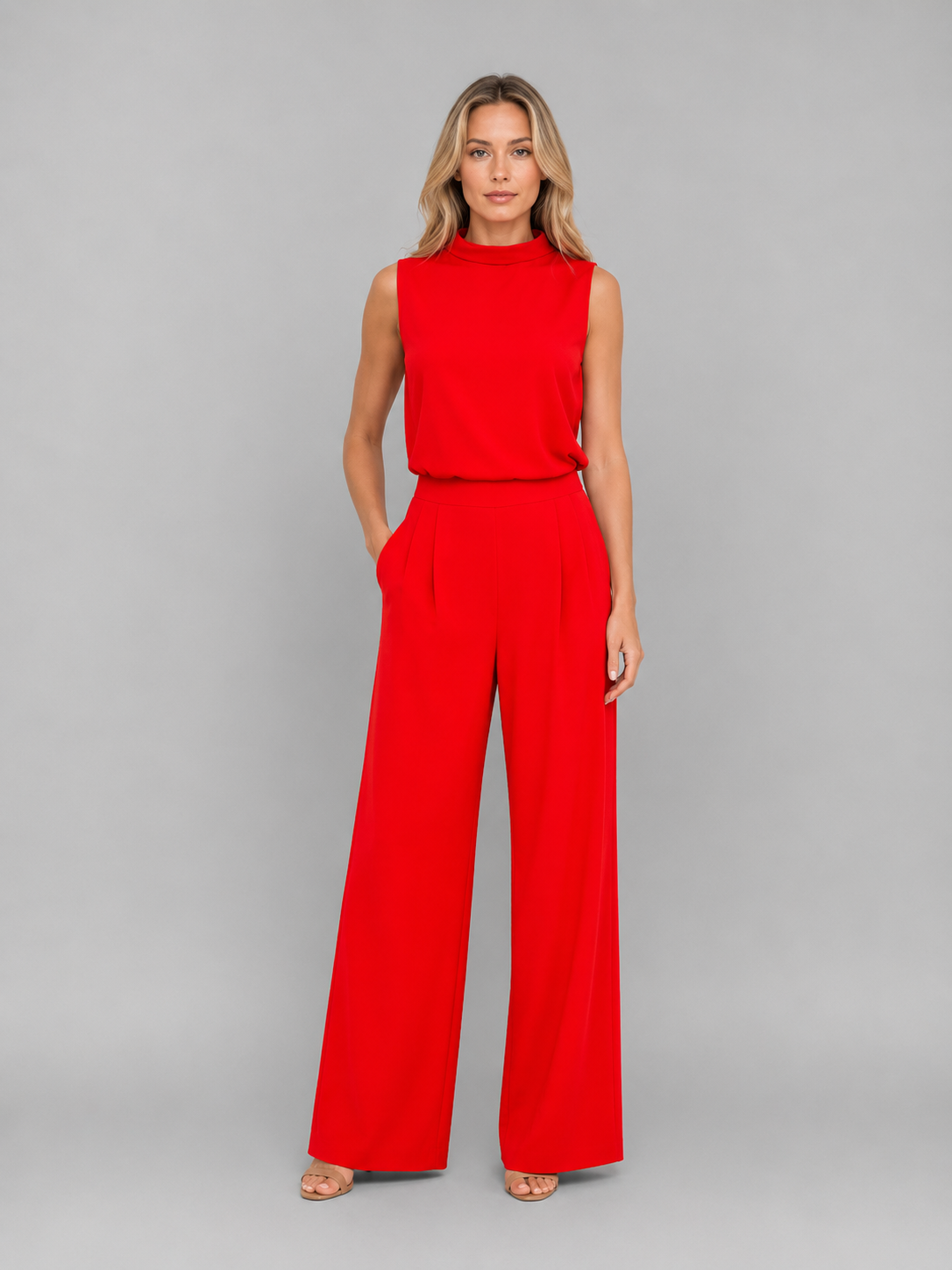 Completo Donna Top Collo Alto Smanicato e Pantaloni Palazzo