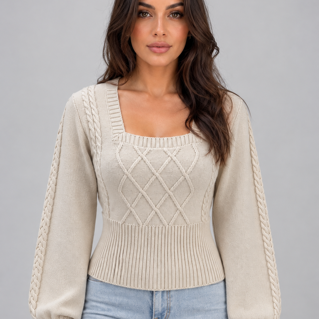 Maglione Donna Scollo Quadrato a Trecce Maniche a Palloncino