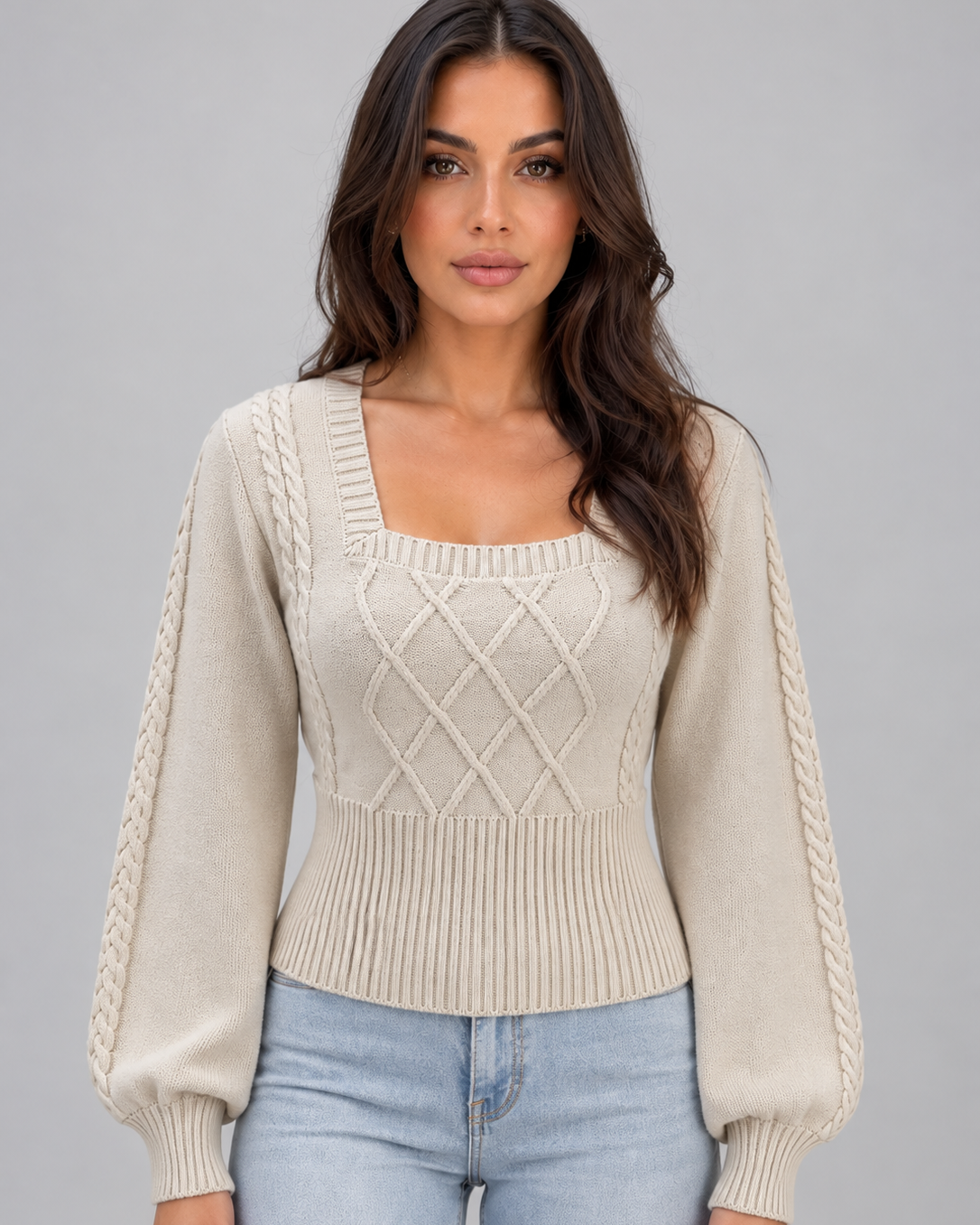 Maglione Donna Scollo Quadrato a Trecce Maniche a Palloncino