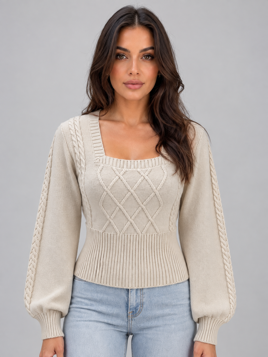Maglione Donna Scollo Quadrato a Trecce Maniche a Palloncino