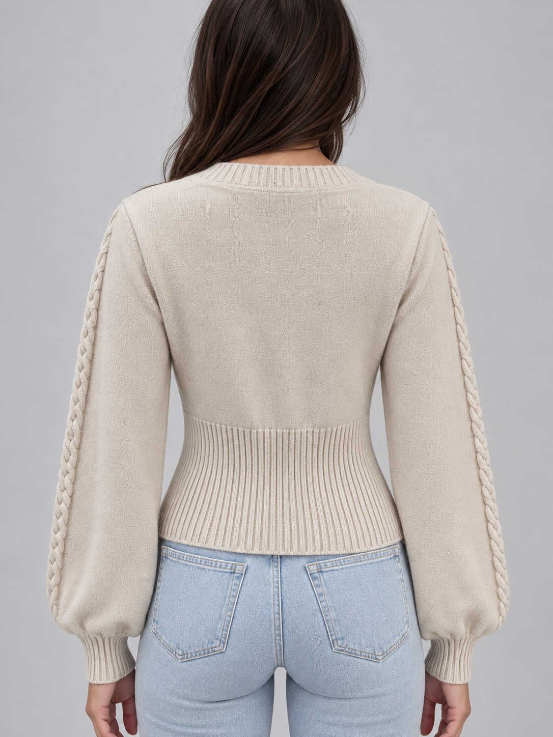 Maglione Donna Scollo Quadrato a Trecce Maniche a Palloncino