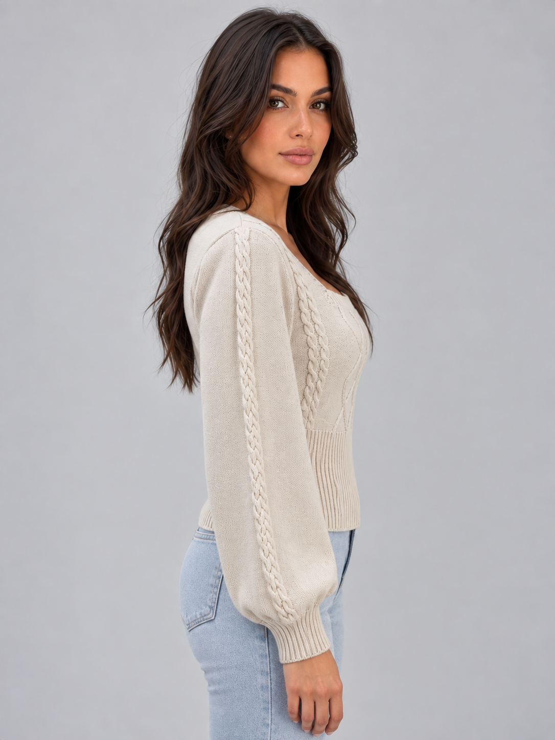 Maglione Donna Scollo Quadrato a Trecce Maniche a Palloncino