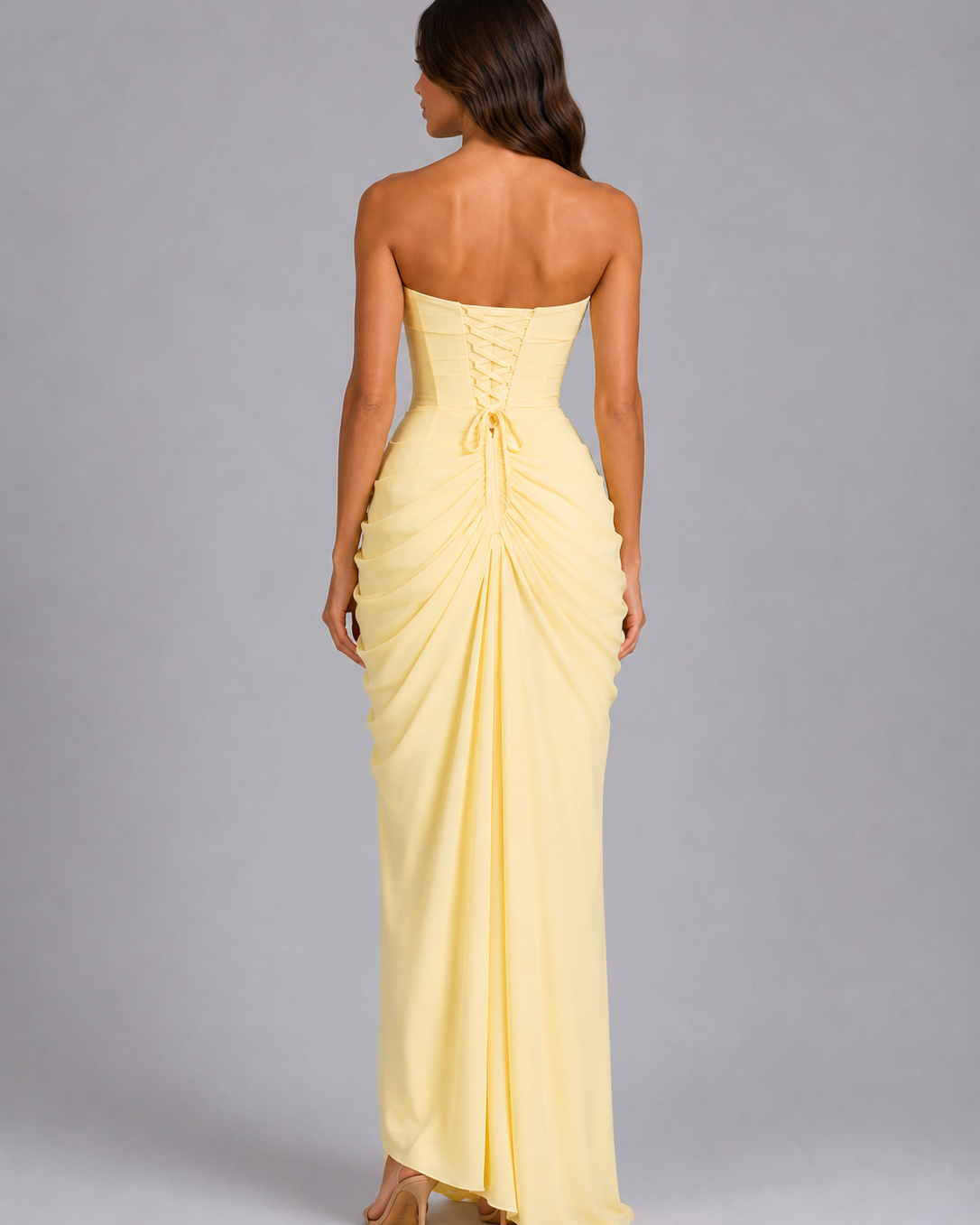 Abito Lungo Donna Senza Spalline Drappeggiato Giallo Pastello