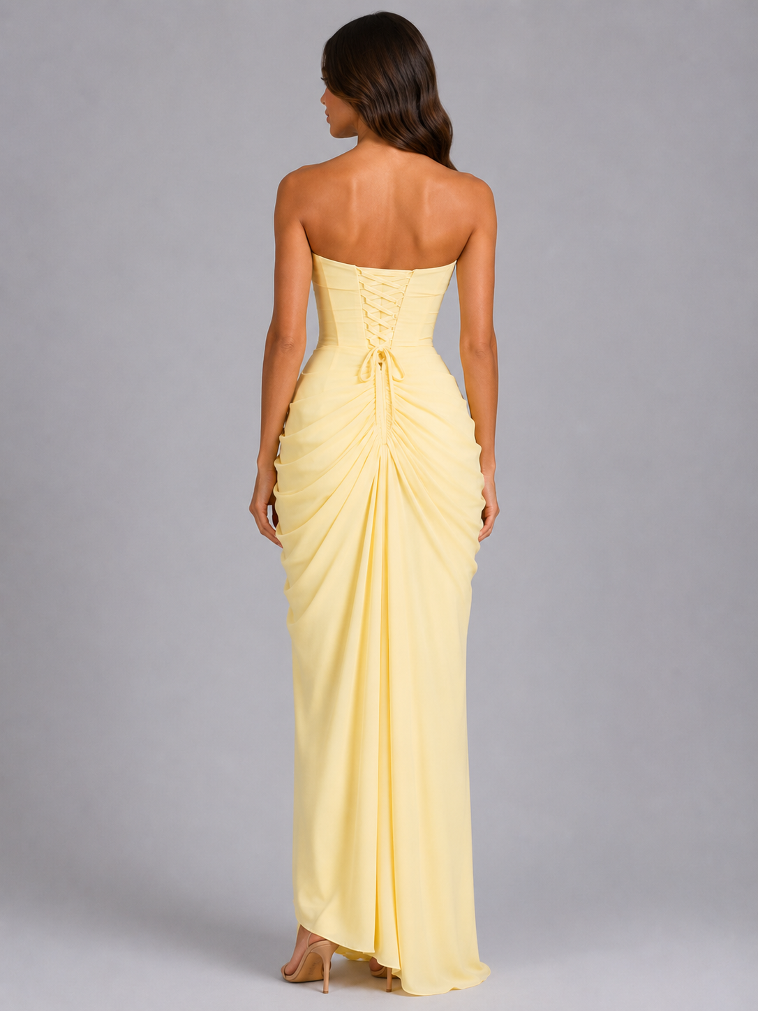 Abito Lungo Donna Senza Spalline Drappeggiato Giallo Pastello