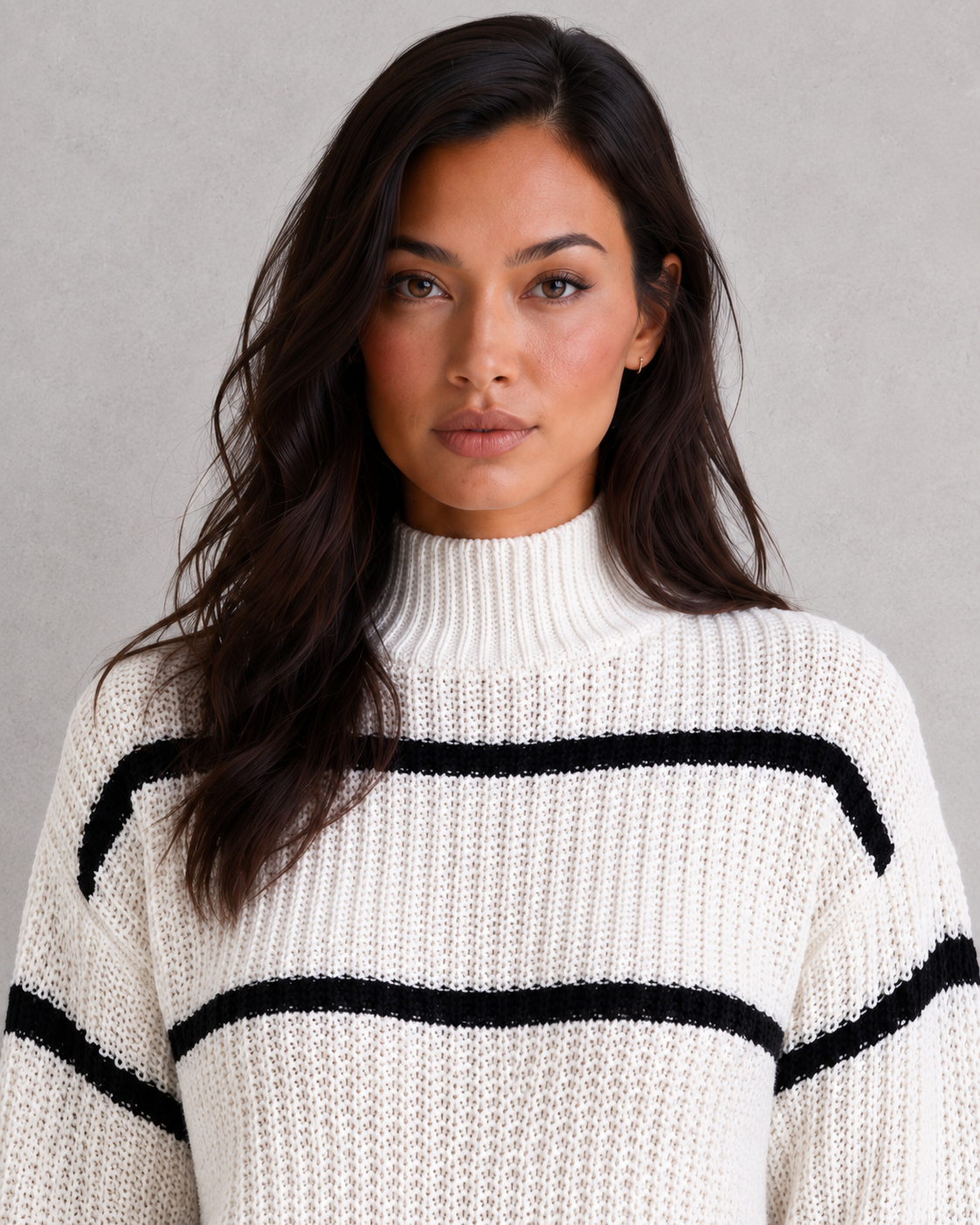 Maglione Donna a Righe Collo Mock Maniche a Lanterna