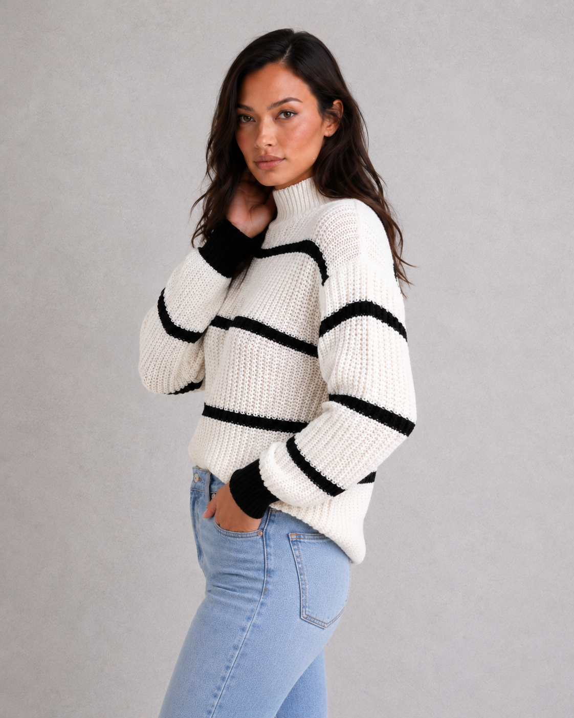 Maglione Donna a Righe Collo Mock Maniche a Lanterna