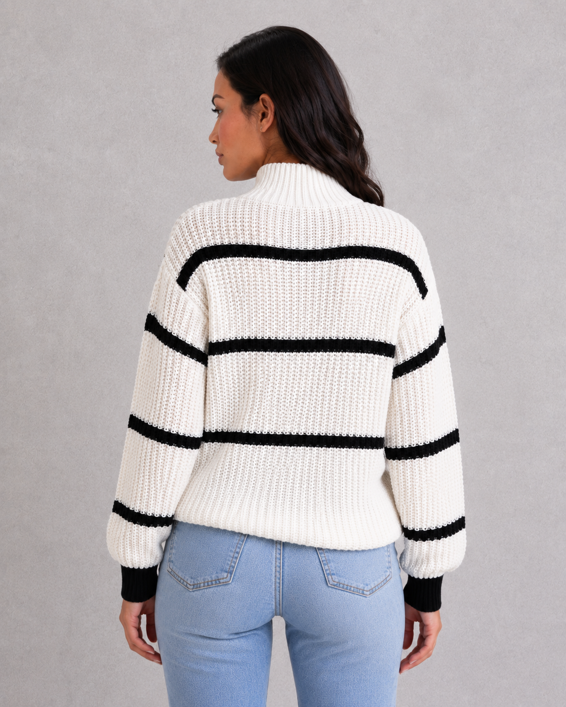 Maglione Donna a Righe Collo Mock Maniche a Lanterna