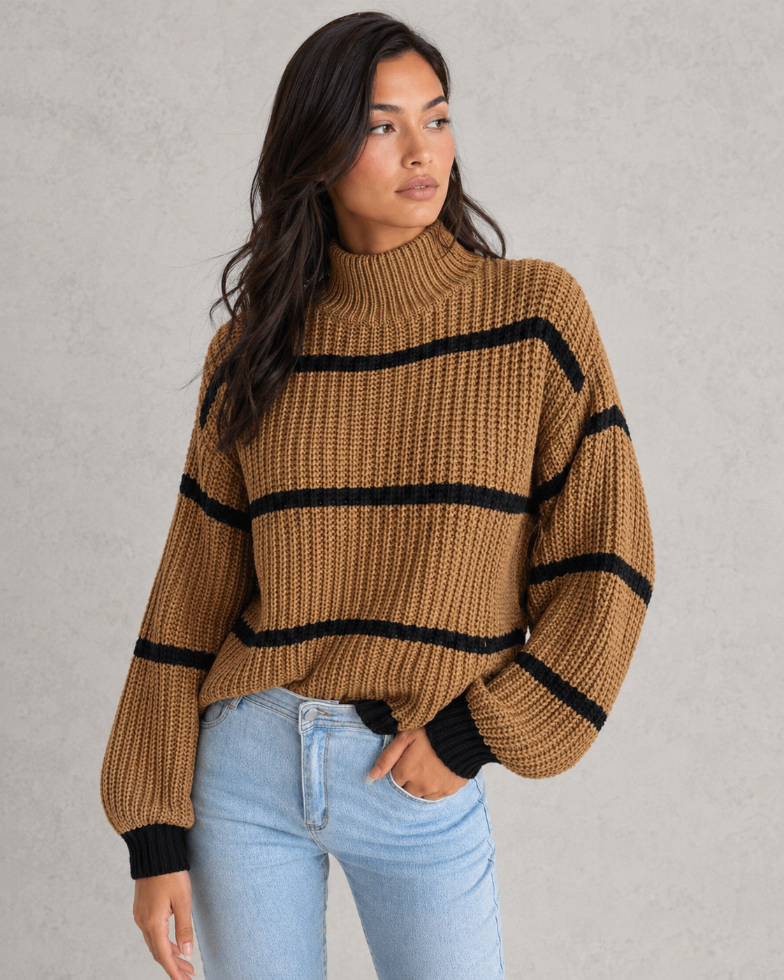 Maglione Donna a Righe Collo Mock Maniche a Lanterna