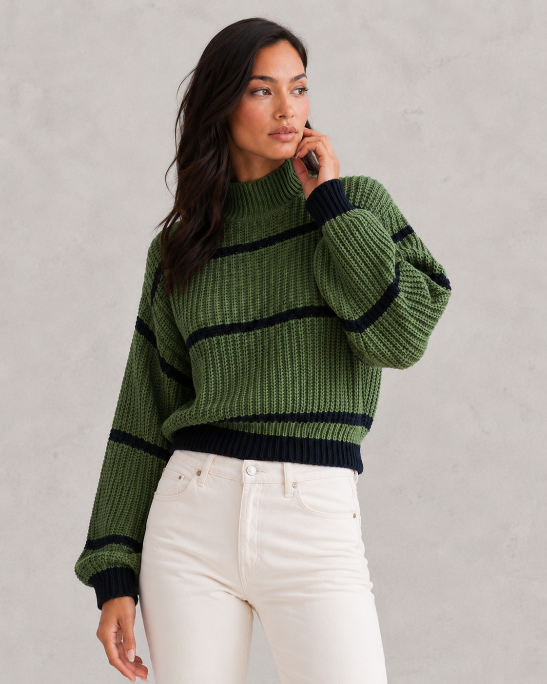 Maglione Donna a Righe Collo Mock Maniche a Lanterna