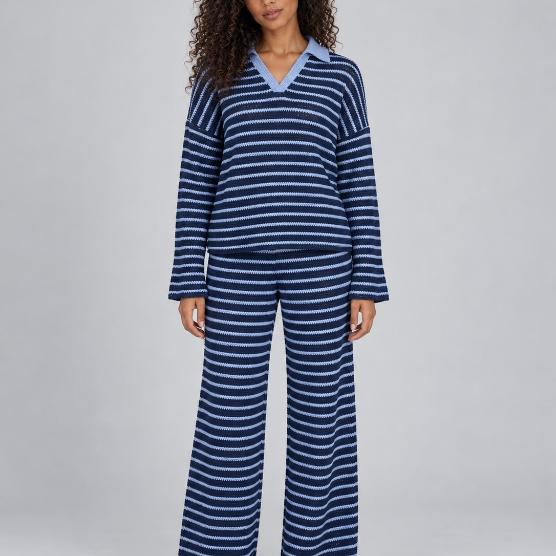 Completo Donna in Maglia a Righe Polo e Pantaloni Gamba Ampia