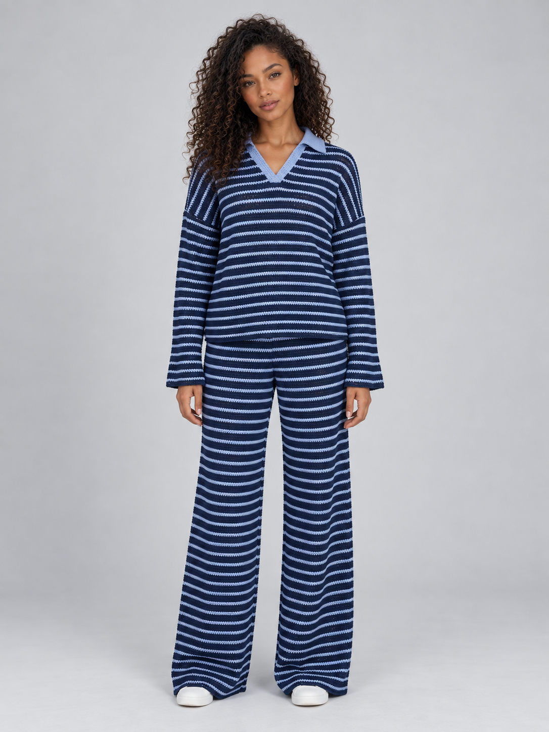 Completo Donna in Maglia a Righe Polo e Pantaloni Gamba Ampia