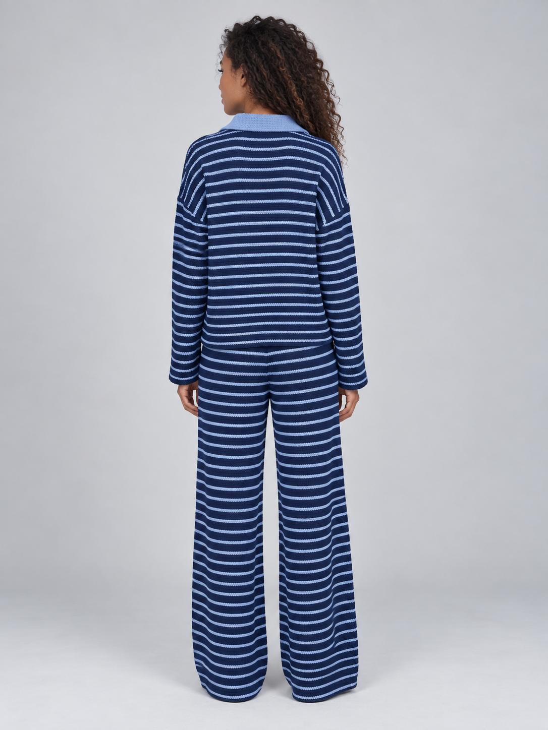Completo Donna in Maglia a Righe Polo e Pantaloni Gamba Ampia