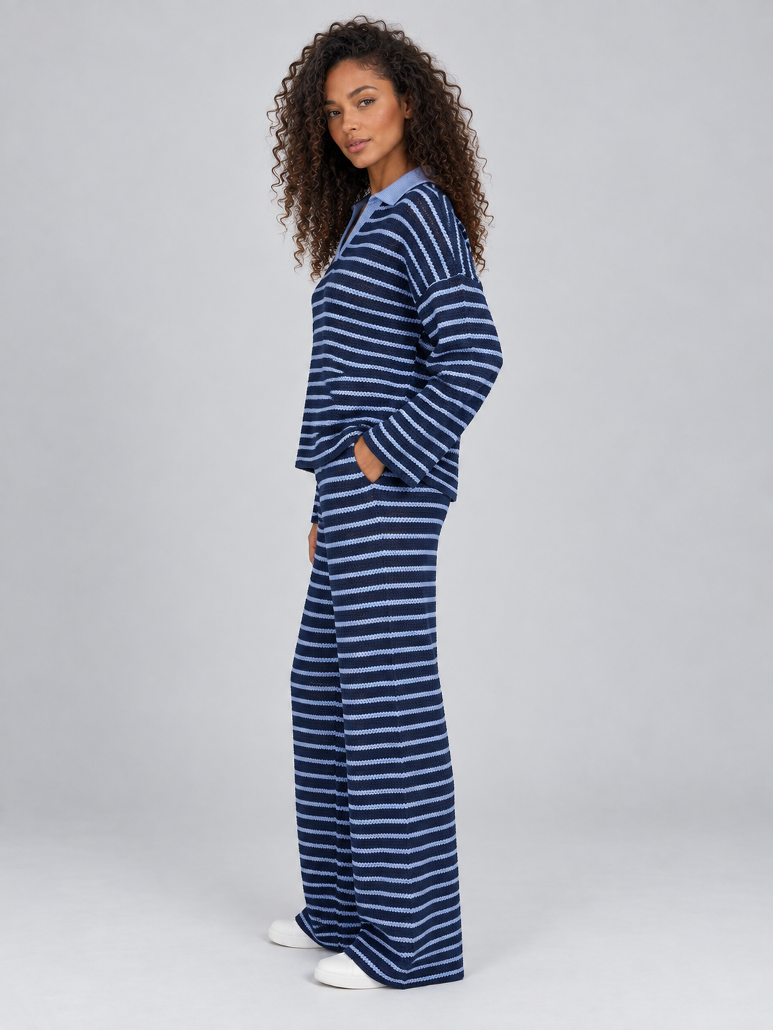 Completo Donna in Maglia a Righe Polo e Pantaloni Gamba Ampia
