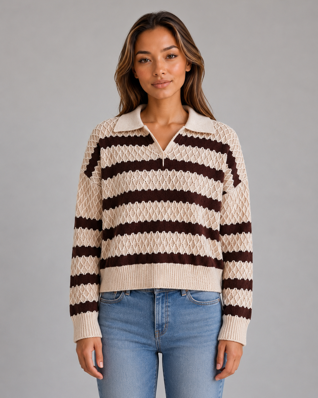 Maglione Polo Donna a Righe in Maglia Texturizzata
