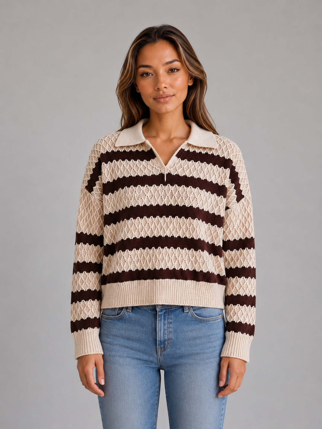 Maglione Polo Donna a Righe in Maglia Texturizzata