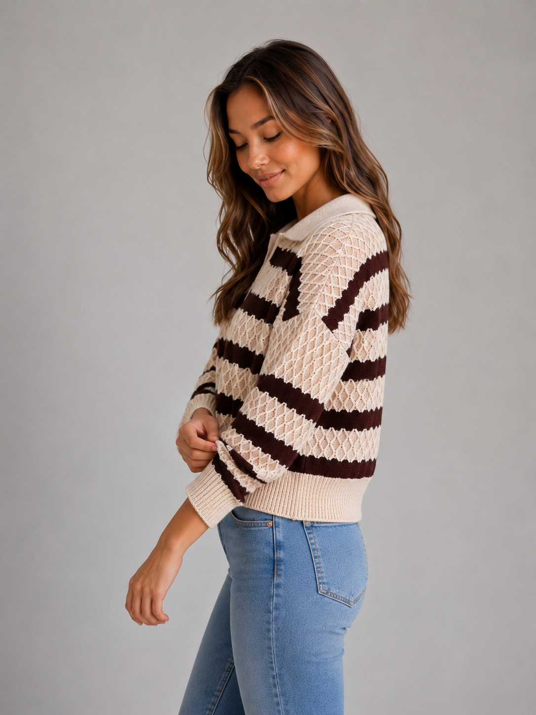 Maglione Polo Donna a Righe in Maglia Texturizzata
