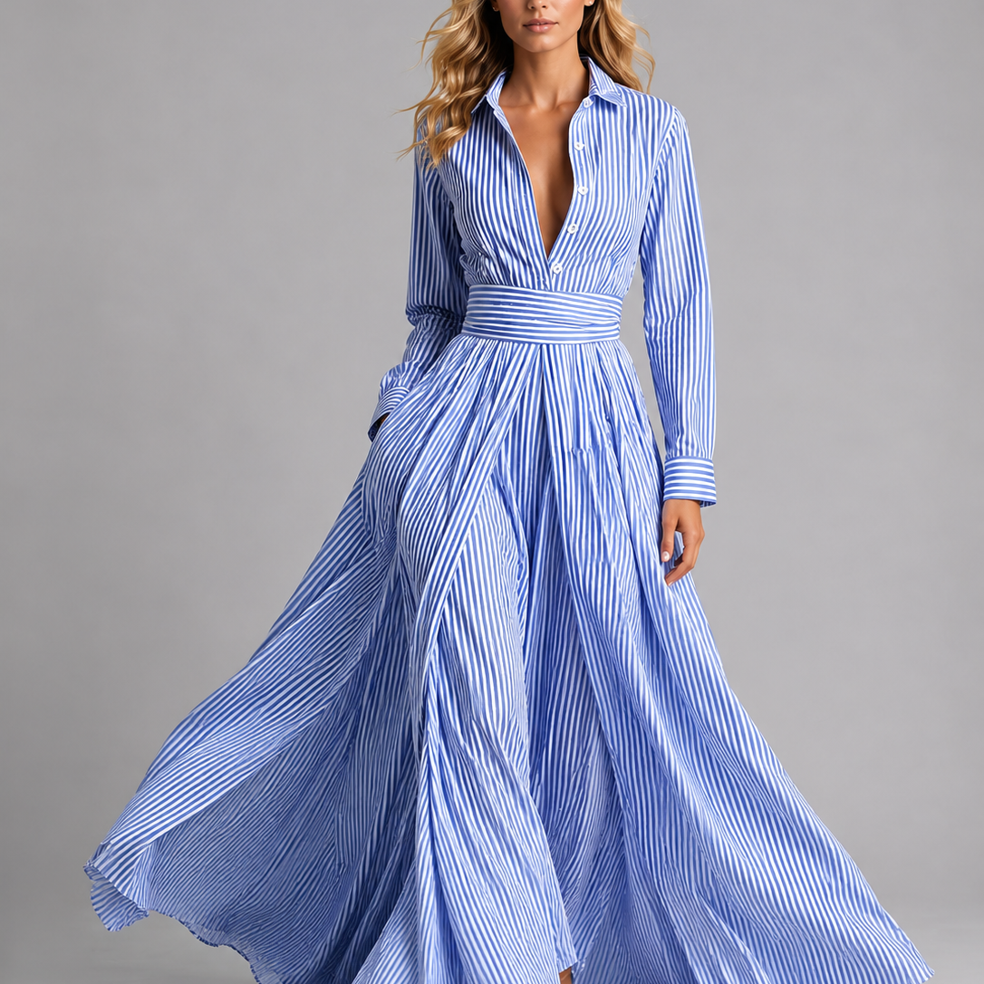 Abito Chemisier Donna Lungo a Righe Blu Vita Definita