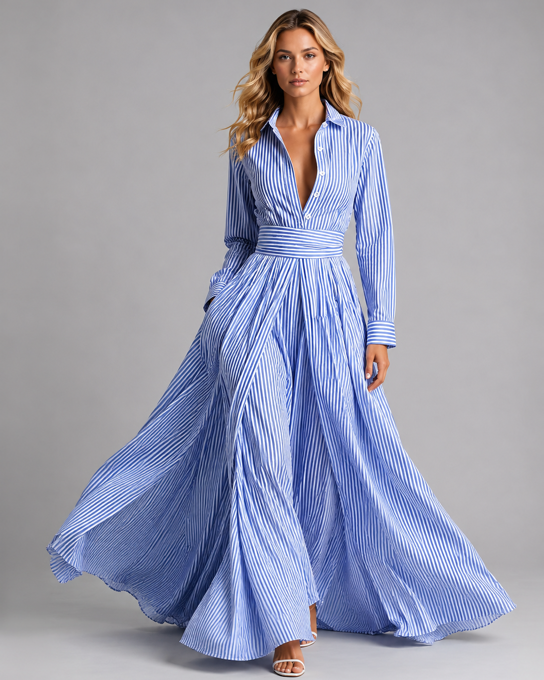 Abito Chemisier Donna Lungo a Righe Blu Vita Definita