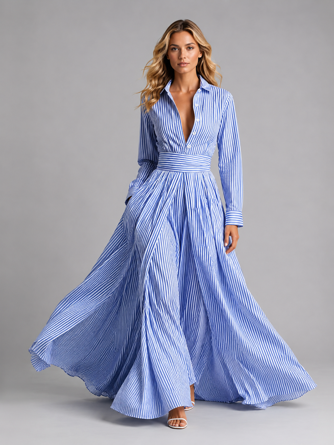 Abito Chemisier Donna Lungo a Righe Blu Vita Definita