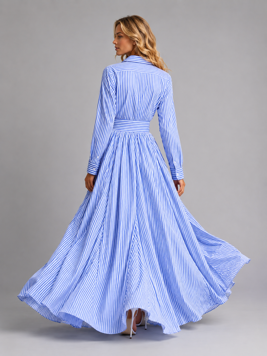 Abito Chemisier Donna Lungo a Righe Blu Vita Definita