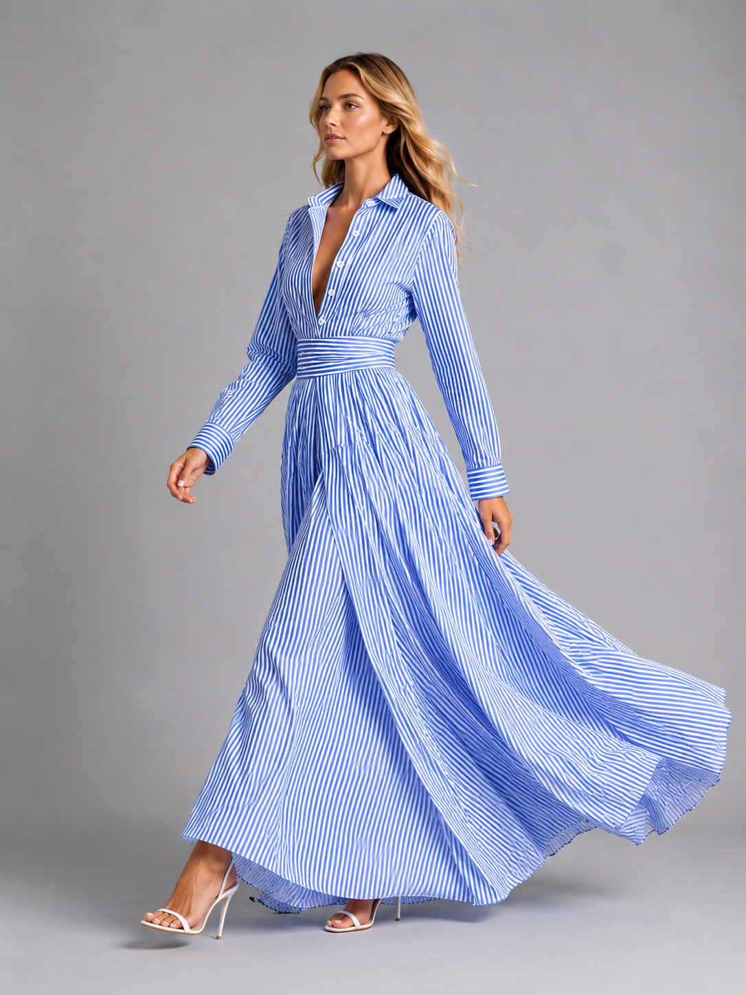 Abito Chemisier Donna Lungo a Righe Blu Vita Definita