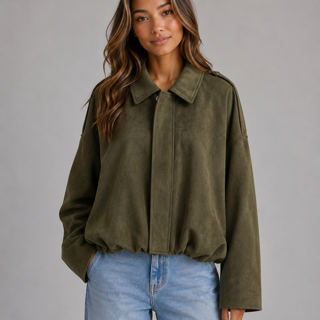 Giacca Bomber Donna Effetto Camoscio Oversize con Colletto