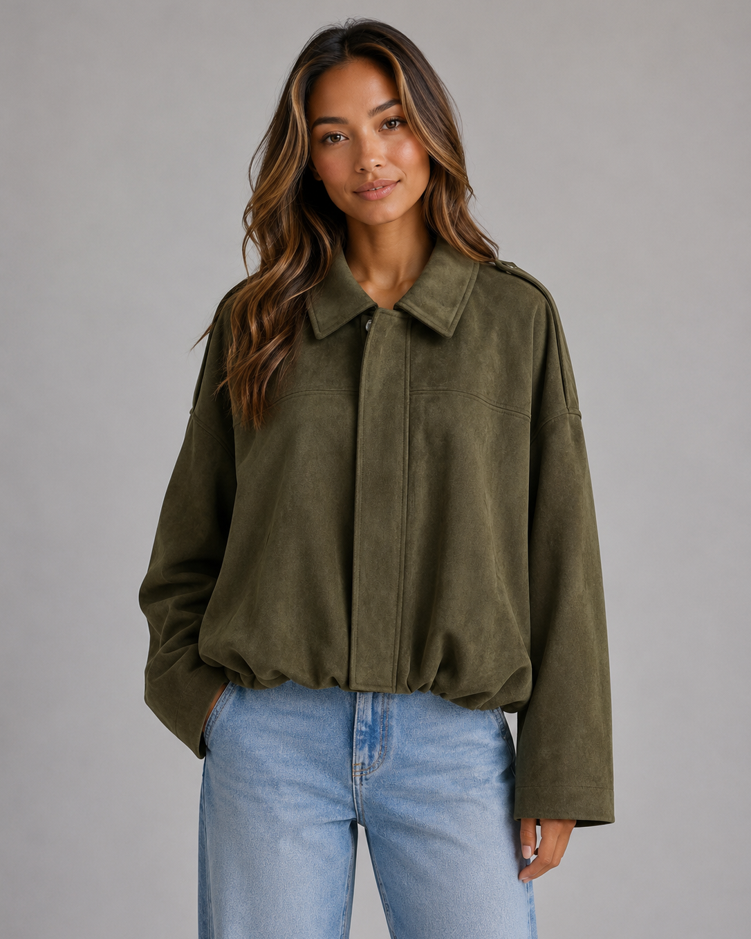 Giacca Bomber Donna Effetto Camoscio Oversize con Colletto