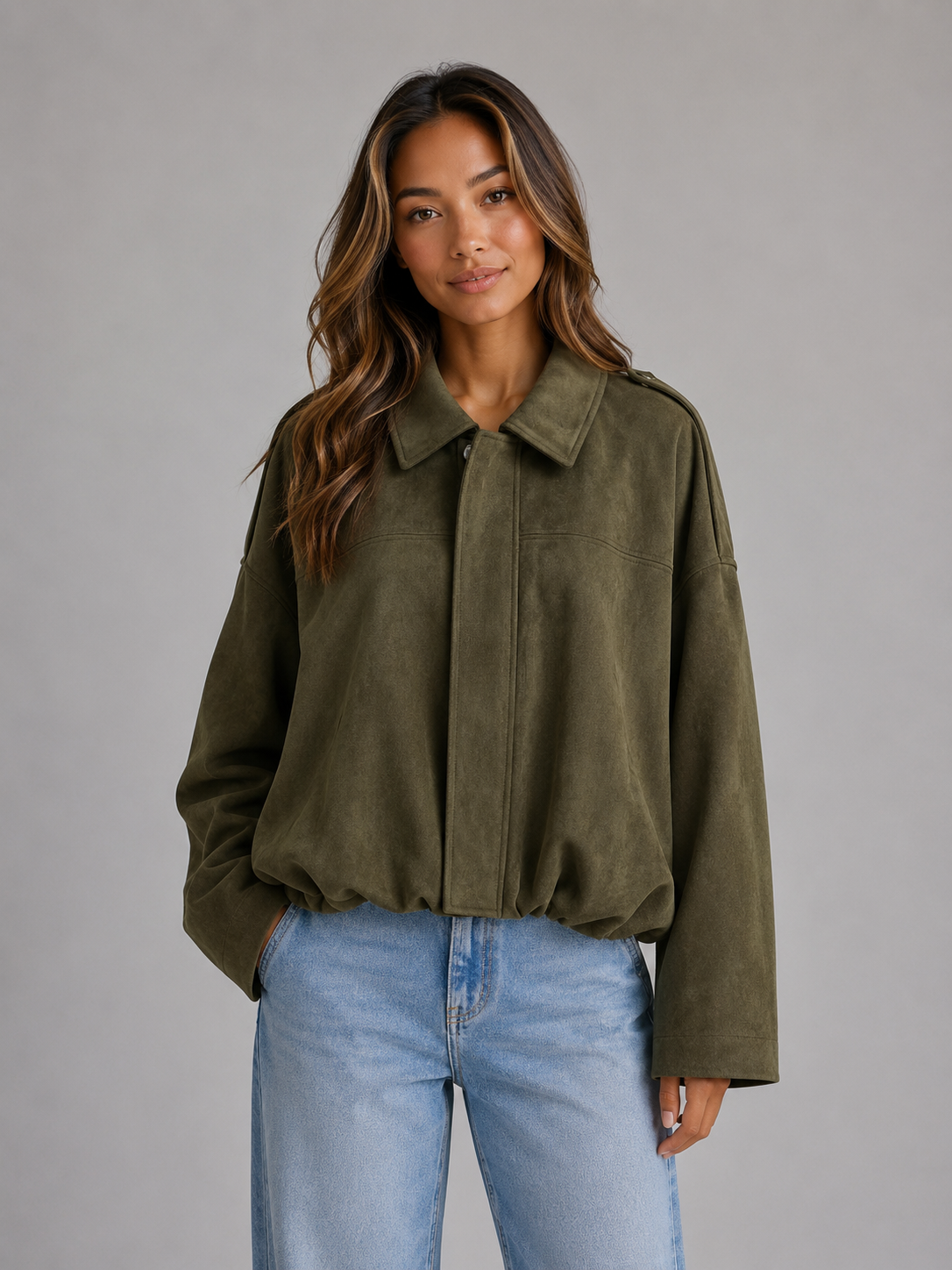 Giacca Bomber Donna Effetto Camoscio Oversize con Colletto