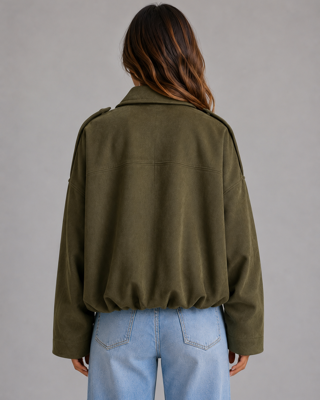 Giacca Bomber Donna Effetto Camoscio Oversize con Colletto