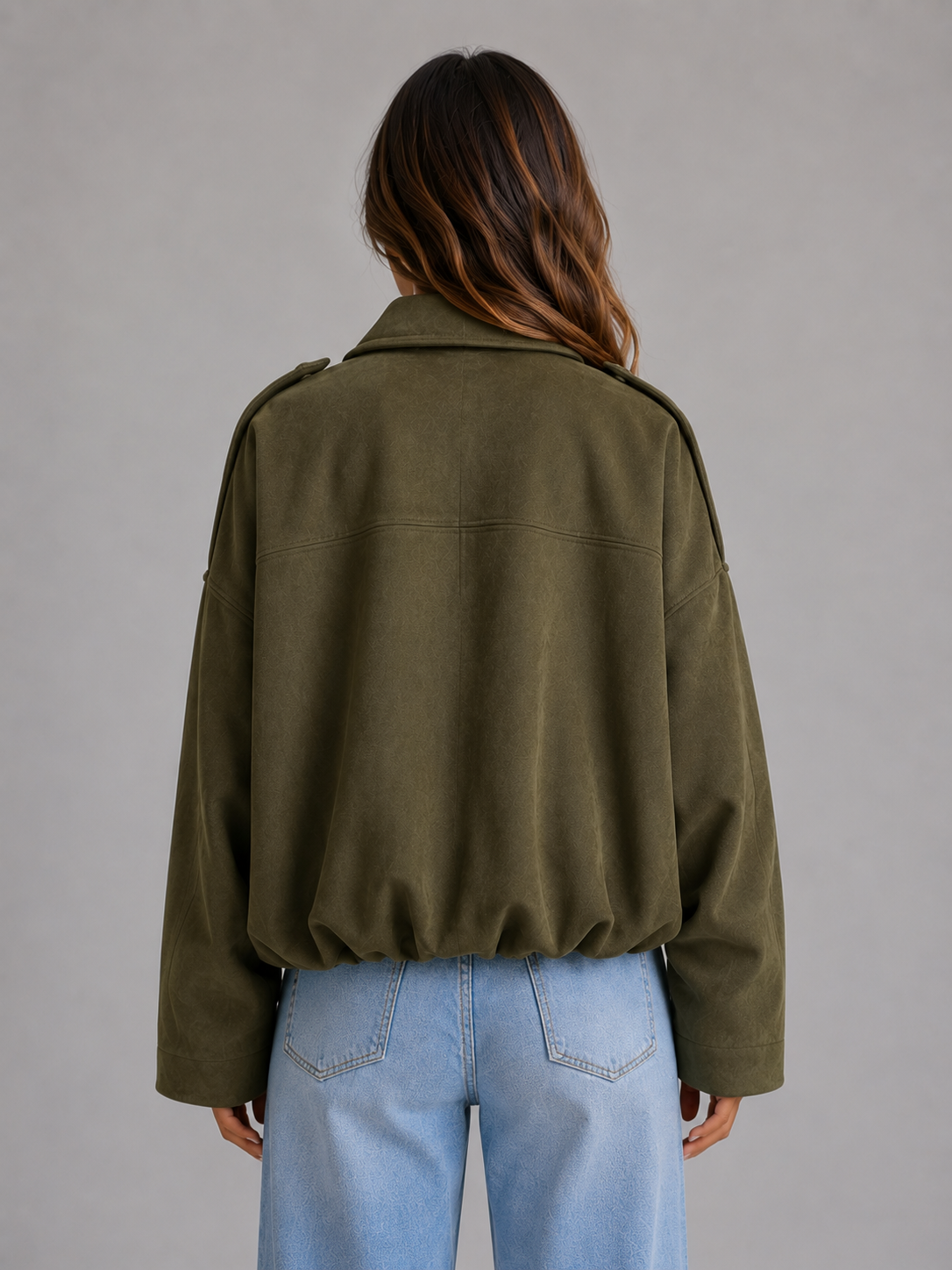 Giacca Bomber Donna Effetto Camoscio Oversize con Colletto