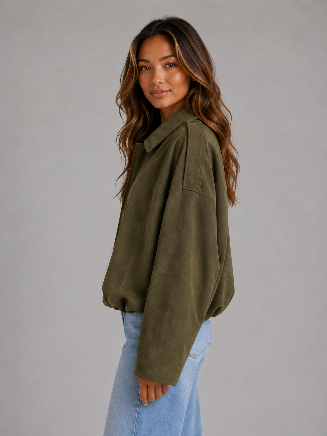 Giacca Bomber Donna Effetto Camoscio Oversize con Colletto