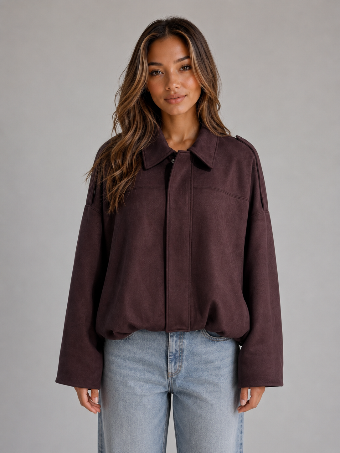 Giacca Bomber Donna Effetto Camoscio Oversize con Colletto