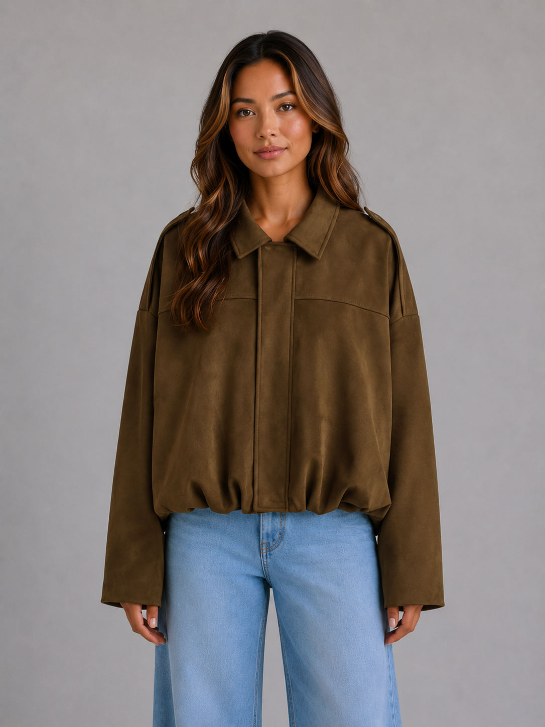Giacca Bomber Donna Effetto Camoscio Oversize con Colletto
