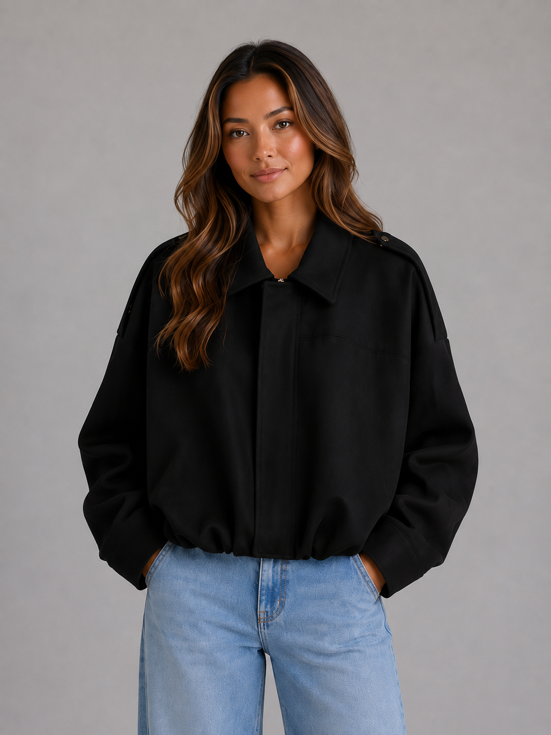 Giacca Bomber Donna Effetto Camoscio Oversize con Colletto
