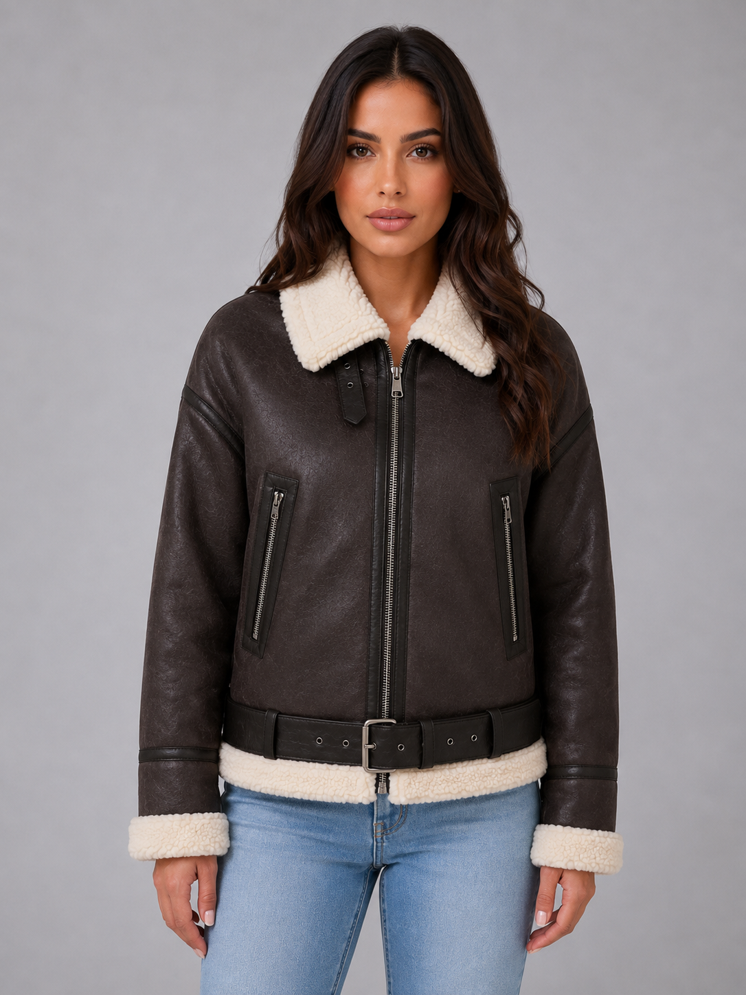 Giacca Aviator Donna Corta Effetto Camoscio con Teddy